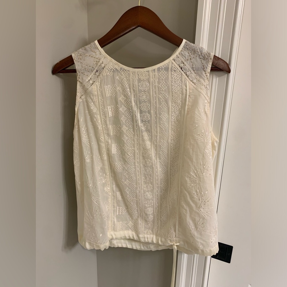 Embroidered Ivory Sleeveless Blouse | Anthropologie & Tiny size M - Picture 2 of 5